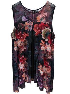 AVENUE Tropical Tunic Tank Plus Size 22/24 Flowy Stretch Mesh Black Floral Top